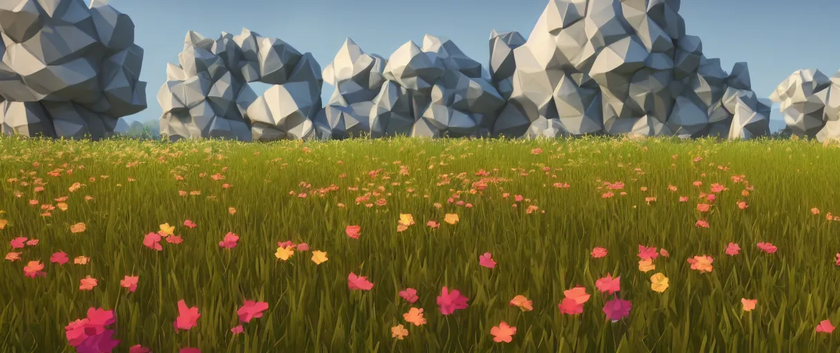 Image similar to 3 d render low poly art, flowers, field of dreams, unreal engine, dreamy, bokeh