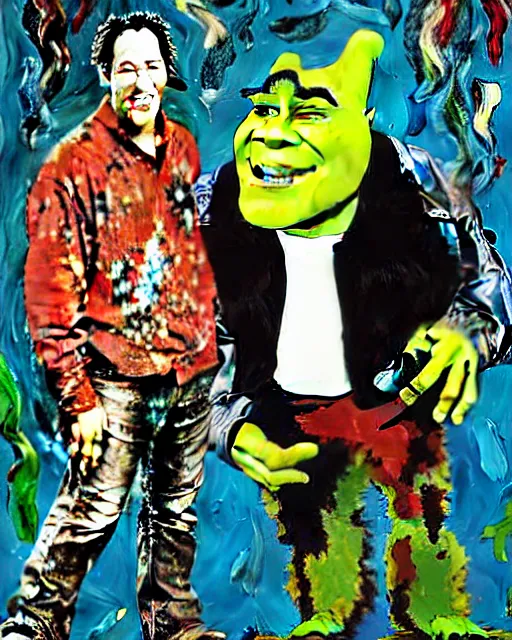 Image similar to jackson pollock painting of keanu reeves and shrek