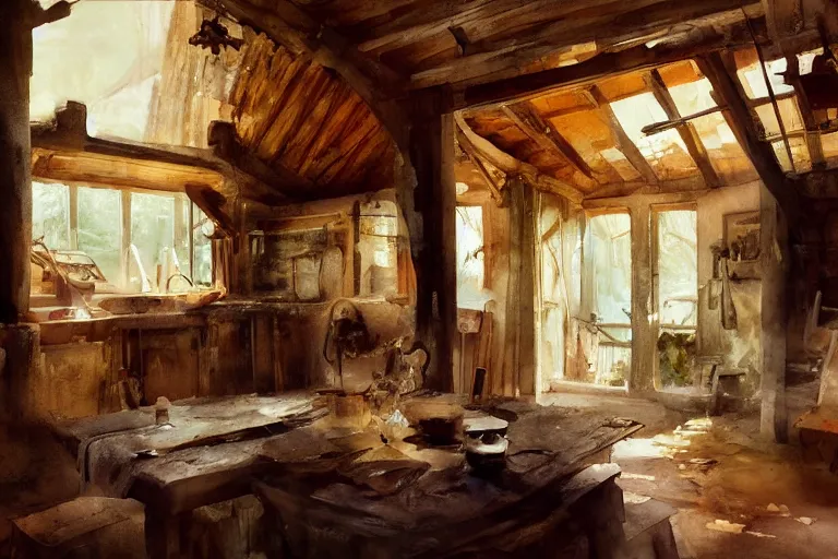 Image similar to paint brush strokes, abstract watercolor painting of rustic village house, interior closeup, medieval straw roof, scandinavian viking age, ambient lighting, art by hans dahl, by jesper ejsing, art by anders zorn, wonderful masterpiece by greg rutkowski, cinematic light, american romanticism by greg manchess, creation by tyler edlin