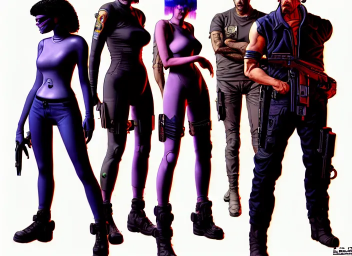Image similar to cyberpunk gang enforcers. portrait by stonehouse and mœbius and will eisner and gil elvgren and pixar. character design. realistic proportions. cyberpunk 2 0 7 7 character art, blade runner 2 0 4 9 concept art. cel shading. attractive face. thick lines. the team. diverse characters. artstationhq.