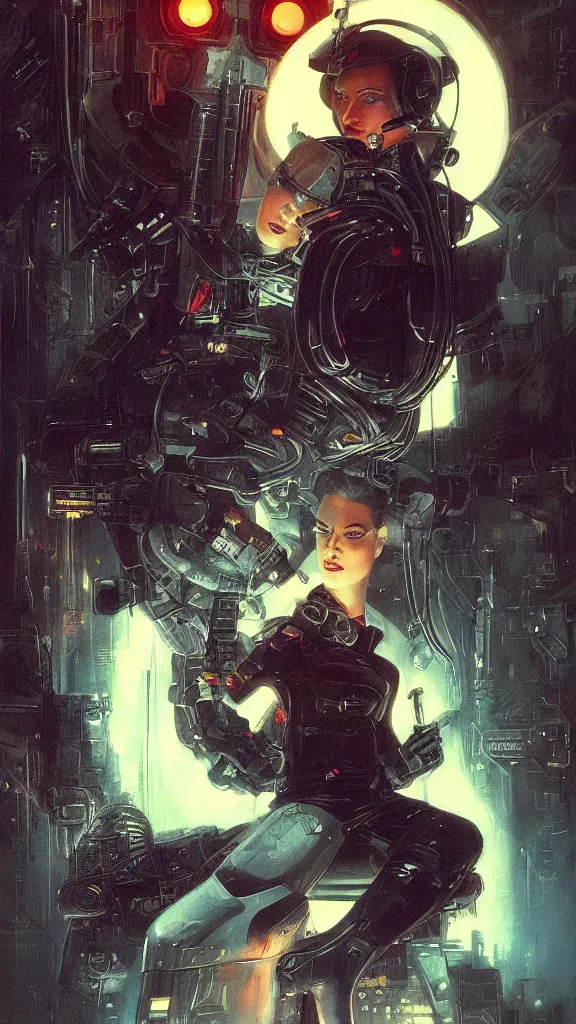 Image similar to concept art, retro - futurist pilot portrait, imperious, heroic, dramatic neon lighting, eerie, mysterious, bladerunner, by gerald brom, james jean, syd mead, akihiko yoshida, cinematic