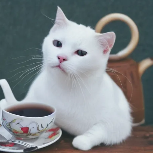 Image similar to a white cat is pouring tea