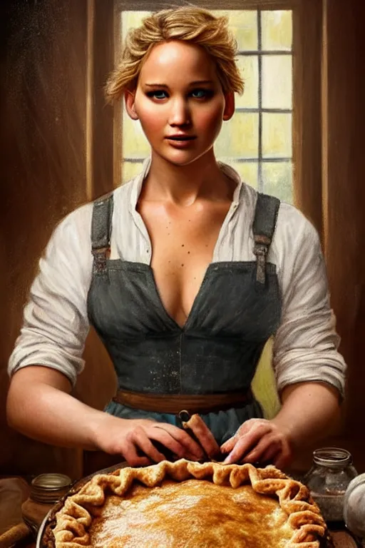 Prompt: romanticism painting of ( ( jennifer lawrence ) ) in a rustic style kitchen, baking apple pie, symmetrical face, beautiful eyes, cottagecore, artstation, 8 k, highly detailed