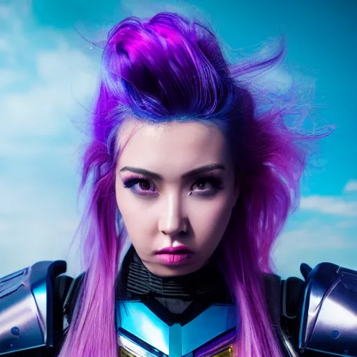 Image similar to a stunning high shutter speed action upper body portrait of a beautiful woman with a ombre purple pink hairstyle with hair flying wearing futuristic navy blue and teal battle bodyarmor and pauldrons by marvel comics, outrun, vaporware, action photography, highly detailed, fine detail, intricate, digital art, trending on artstation