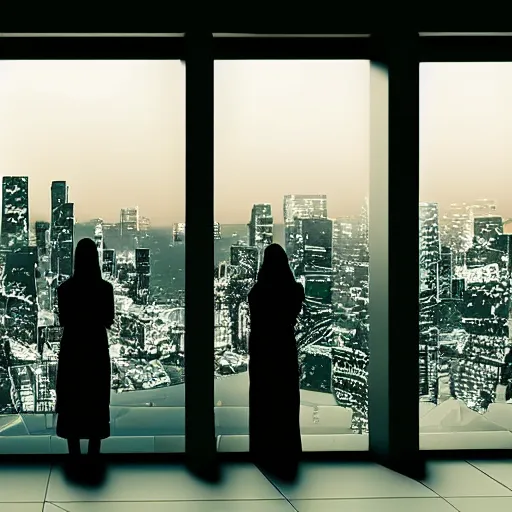 Prompt: View from window on megapolis, silhouette of women who watches to the window, cyberpunk