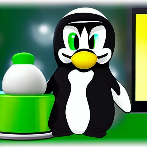 Prompt: tux penguin wearing the luigi hat in front of a computer with linux running on the screen, cute digital art, 4 k