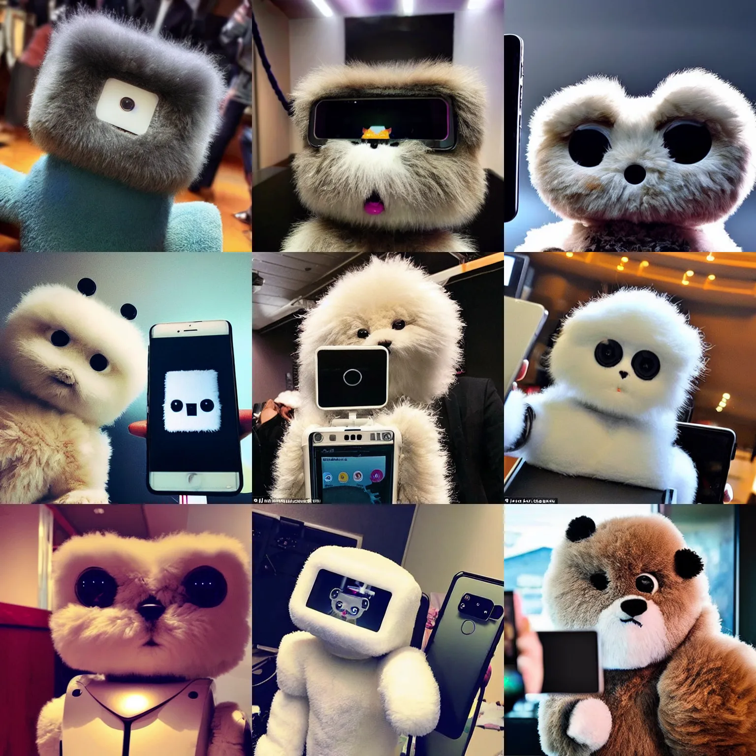 Prompt: <picture quality=hd+ mode='attention grabbing'>an adorable fluffy robot takes a selfie to post to Instagram</picture>