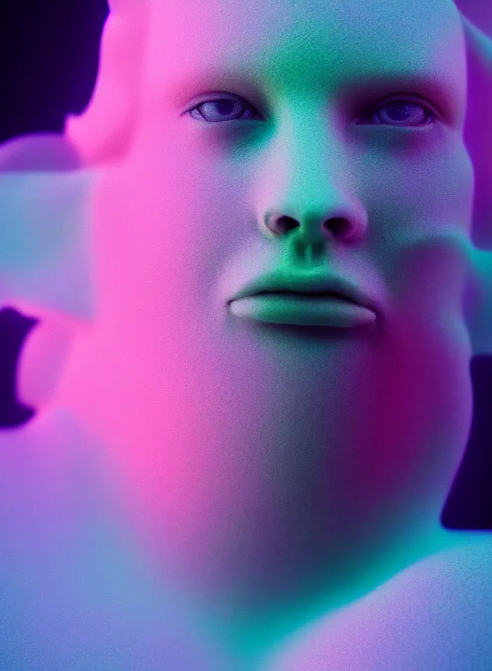 Image similar to high quality pastel coloured film close up photograph of a cyborg model in an icelandic black rock!! environment in a dreamstate environment. three point light. photographic production. art directed. pastel colours. volumetric light. pastel gradient overlay. waves glitch artefacts. extreme facial expression. 8 k. filmic.