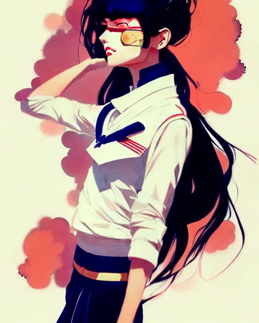 Image similar to a ultradetailed beautiful panting of a stylish woman wearing a sailor uniform, she has black hair, by conrad roset, greg rutkowski and makoto shinkai, trending on artstation