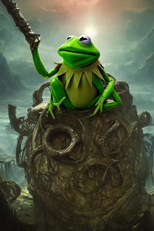 Image similar to an ultra detailed 3 d render of kermit the frog as an elden ring boss, epic anime fantasy, 8 k, in the style of a fantasy metal album cover and magic the gathering, volumetric lighting, smooth, highly detailed, digital illustration, octane render, art by albert bierstadt and greg rutkowsi, artstation