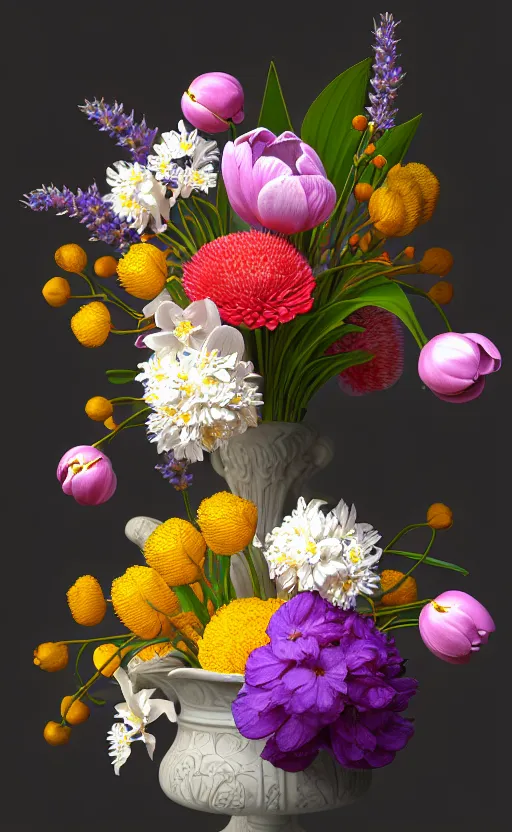 Prompt: still life of flowers, centered, complex 3 d render, ultra detailed, intricate, realistic, textured, 8 5 mm lens, refined, high definition, photo realism, rembrandt lighting, cherry blossoms, white flowers, little red berries, detailed, lavender, yellow st joseph lily, peonies, foliage, tulips, iris,