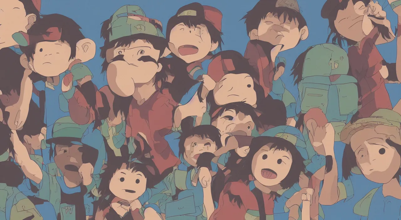 Image similar to (illustration) of 3-d young hip ape kids wearing a street clothes, by (((Studio Ghibli))), 8k, soft lighting, cartoon look, face enhance, sharp focus, concept art, smooth