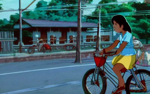 Prompt: a young girl riding a bike in a small town, 1970s philippines, art by hayao miyazaki, studio ghibli film, hi res, 4k