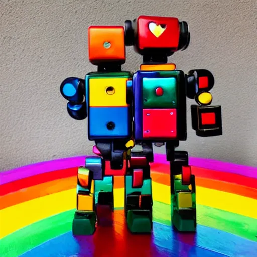 Prompt: Just two rainbow robots in love