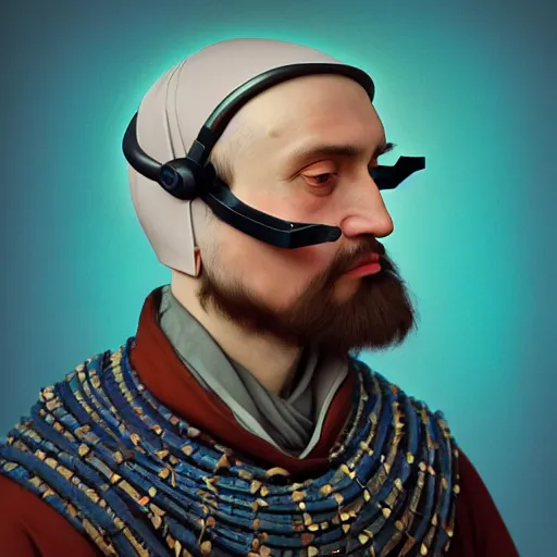 Image similar to Colour Caravaggio style full body portrait Photography of Highly detailed Man wearing Ukrainian folk costume designed by Taras Shevchenko with 1000 years perfect face wearing highly detailed retrofuturistic VR headset designed by Josan Gonzalez. Many details In style of Josan Gonzalez and Mike Winkelmann and andgreg rutkowski and alphonse muchaand and Caspar David Friedrich and Stephen Hickman and James Gurney and Hiromasa Ogura. Rendered in Blender and Octane Render volumetric natural light