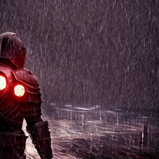 Image similar to dark armor knight in a thunderstorm, epic scene, cinematic, ultra photorealistic, 8k,