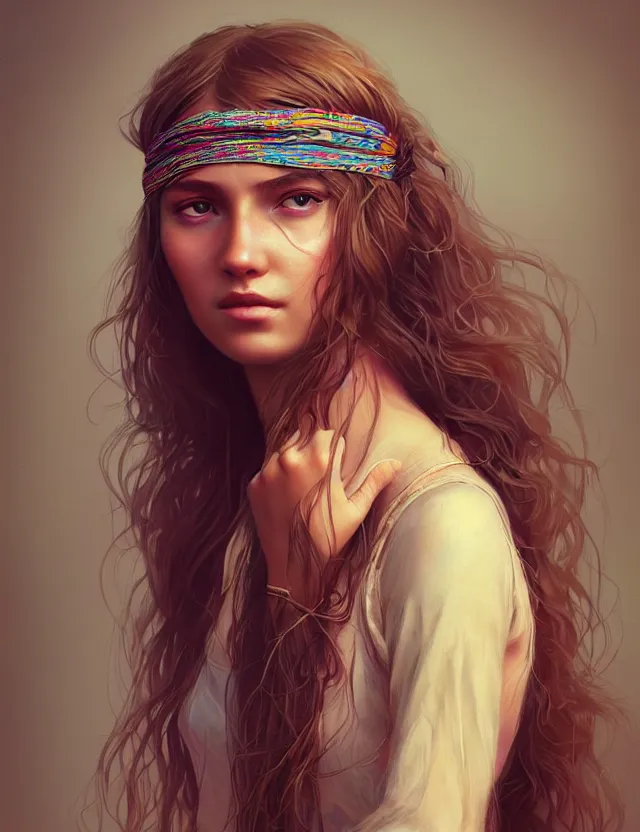 Image similar to portrait of a young woman wearing boho clothing, hippie girl, long hair, groovy hairband, bangs, intricate, smooth, groovy lighting, highly detailed, digital painting, artstation, concept art, smooth, sharp focus, illustration, art by wlop, mars ravelo and greg rutkowski