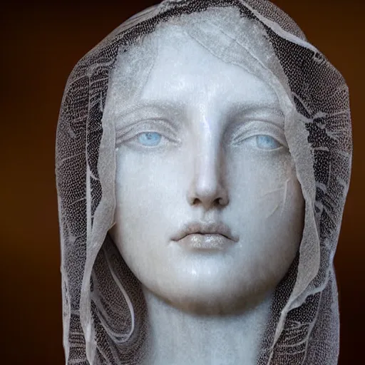 Prompt: a masterpiece marble sculpture of the veiled virgin, subsurface cracks, !dramatic !face, !female, covered in intricate !detailed golden !!streaked veil , physically based rendering, ultra photo realistic, cinematic lighting , dark background by Dan Hillier