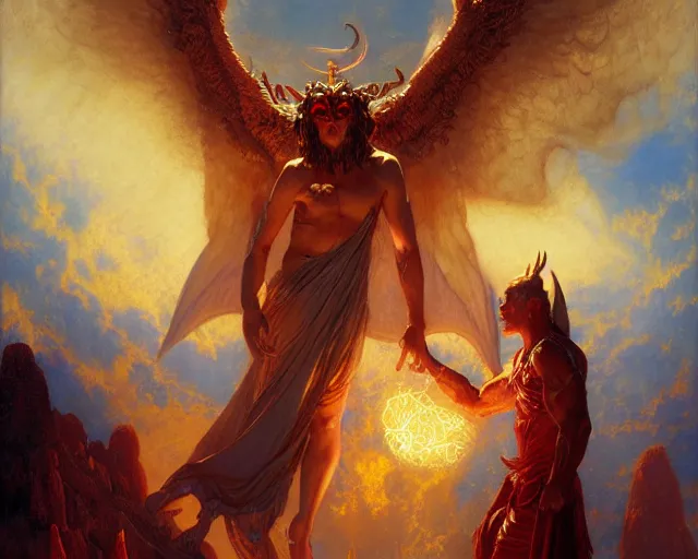 Image similar to attractive demonic male deity, casting magic, summoning handsome lucifer morning star. highly detailed painting by gaston bussiere, craig mullins, j. c. leyendecker 8 k