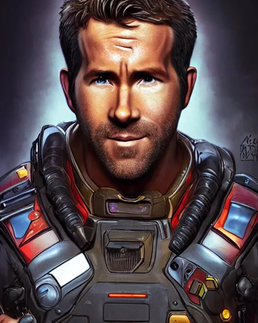 Prompt: Ryan Reynolds as an Apex Legends character digital illustration portrait design by, Mark Brooks and Brad Kunkle detailed, gorgeous lighting, wide angle action dynamic portrait