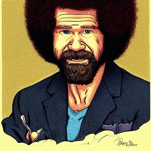 Image similar to bob ross in a portrait by robert crumb