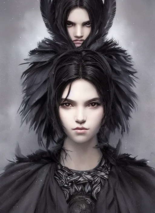 Image similar to a teenage girl with very short black hair and a huge cloak made of grey and black feathers. beautiful highly detailed face. beautiful painting by artgerm and greg rutkowski and raymond swanland