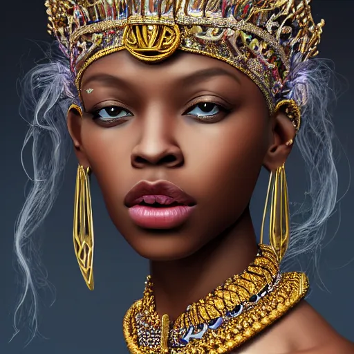 Prompt: A masterpiece portrait of a Incredibly beautiful African girl albino model with nose ring. With big bright rich jewelry. In European royal gorgeous barocco clothes. Queen\'s crown. Vogue. trending on artstation, digital art, by Stanley Artgerm Lau, WLOP, Rossdraws, James Jean, Andrei Riabovitchev, Marc Simonetti, Yoshitaka Amano