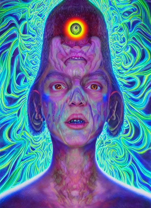 Image similar to portrait ultra dimensional cult girl shaman, accidentally tripping on dmt and acid, psychedelic experience, overwhelming psychosis of self realization and burning awakening, ultra high definition, unreal engine 5, hyperrealism, masterpiece composition, by casey weldon, barclay shaw