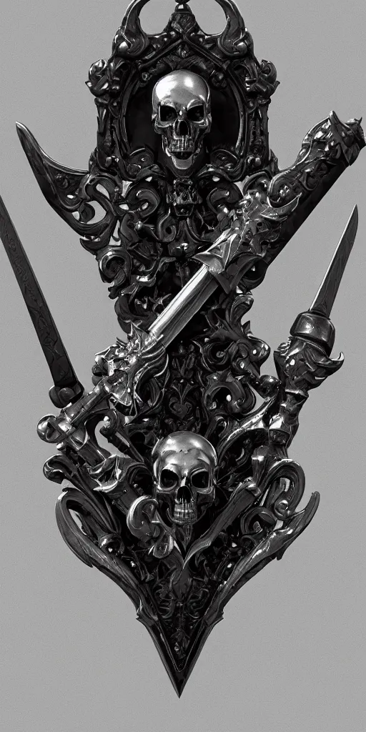 Image similar to a black and silver sword skull crest, ornament, weapon, a 3 d render by dom qwek, front side, concept art, trending on polycount, artstation, hard surface modeling, rendered in maya, zbrush, hd, blizzard, symmetry