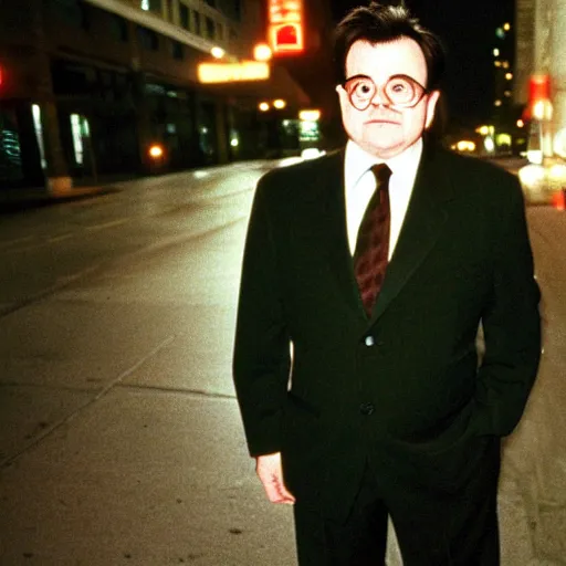 Prompt: 1 9 9 6 nathan lane wearing a black suit and necktie standing on the streets of chicago at night.