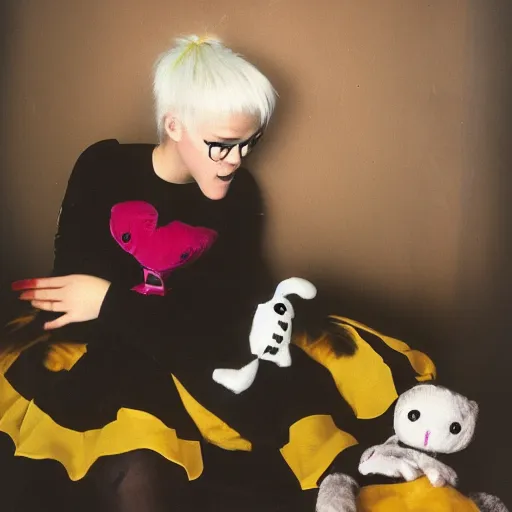 Prompt: a surrealist depiction of a 2 4 year old woman playing with a stuffed animal. she has short yellow hair, and is dressed as a goth. high resolution