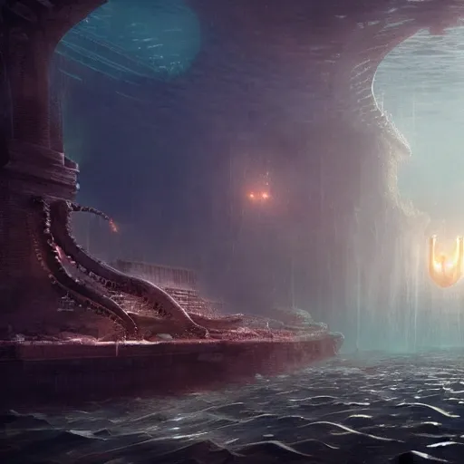 Prompt: the underwater lost city of atlantis, huge octopus nearby, volumetric light, detailed, unreal engine, ultra wide angle, by greg rutkowski
