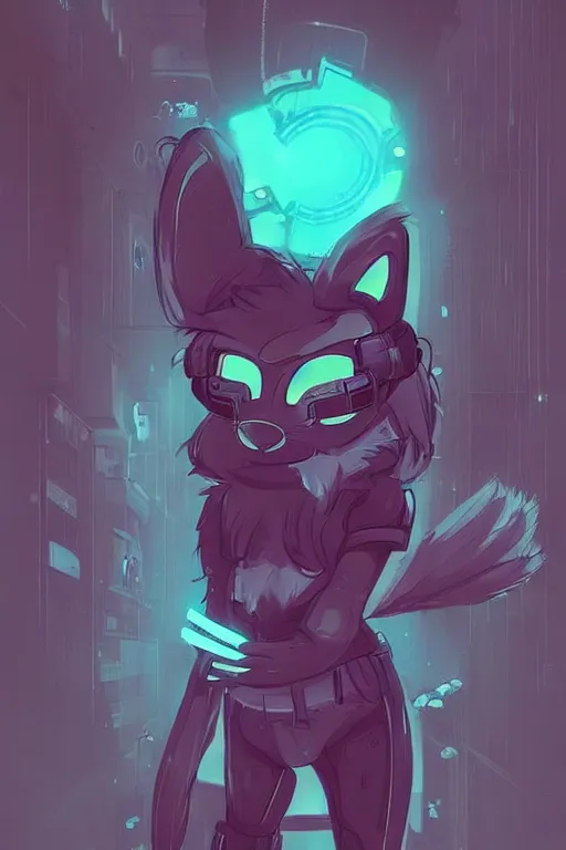 Prompt: a cute cyberpunk anthropomorphic fox with a fluffy tail, comic art, trending on furaffinity, cartoon, kawaii, backlighting, furry art!!!, warm light, concept art, glitch art