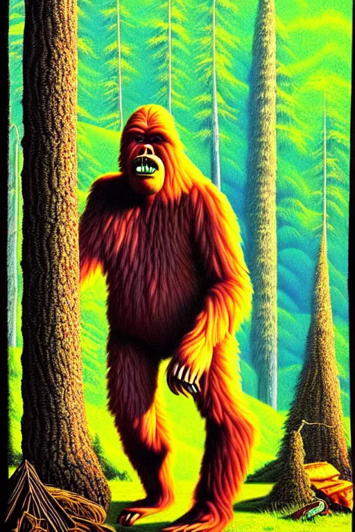 Image similar to a hyperrealistic painting of a bigfoot outside of camping tent, cinematic horror by jimmy alonzo, the art of skinner, chris cunningham, lisa frank, richard corben, highly detailed, vivid color,