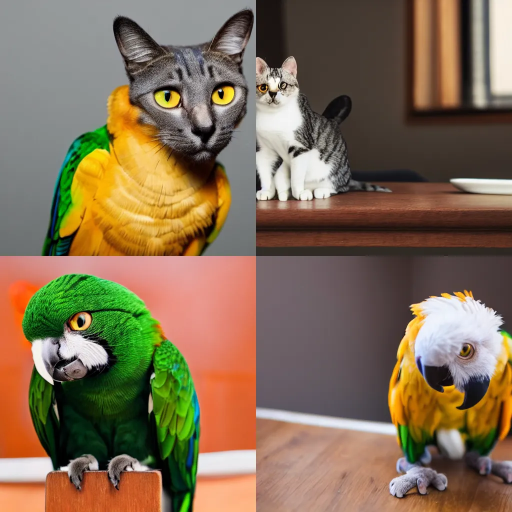 Prompt: a photo of a cat parrot hybrid, sitting on a table, 4k, highly detailed, sharp focus