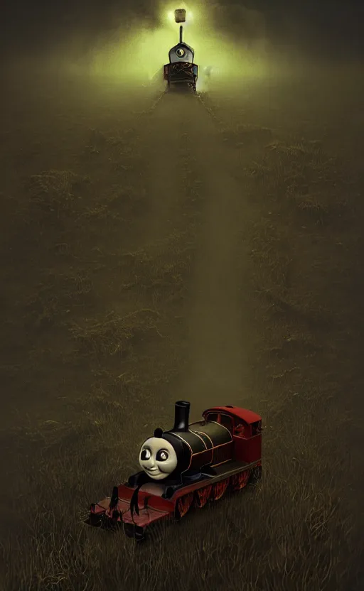 Image similar to thomas the tank engine in style of zdzisław beksinski, extremely dramatic lighting, 8 k, tendrils, black, darkness, black slime tendrils, infected, rust, body horror, thomas the train, thomas the tank engine face, horror,