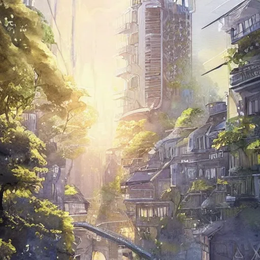 Image similar to Beautiful happy picturesque charming sci-fi city in harmony with nature. Beautiful light. Nice colour scheme, soft warm colour. Beautiful detailed watercolor by Lurid. (2022)