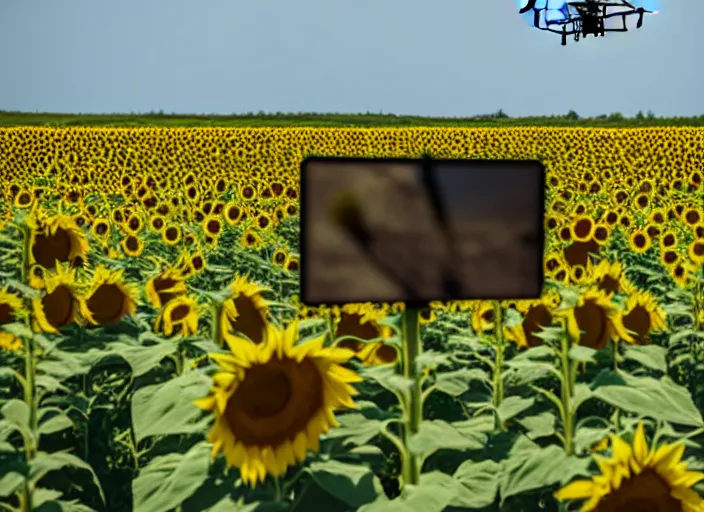 Image similar to Propaganda Poster of an American Military UAV in a sunflower field.