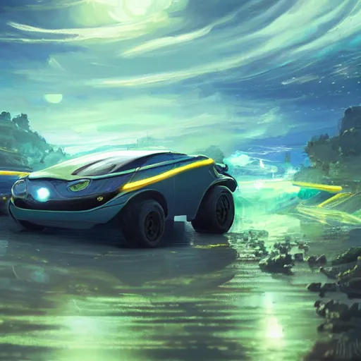 Image similar to solarpunk hovercar, clean energy, green technology, highway, sunny day, futurism, intricate, glow, highly detailed, digital painting, artstation, concept art, smooth, sharp focus, epic landscape, art by akihiko yoshida and tim mcburnie and anato finnstark