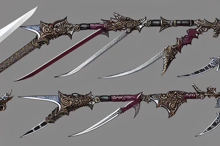 Image similar to design sheet of various ornate fantasy weapons, varied colors