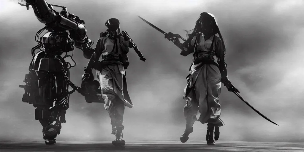 Image similar to modern chicago streets, elegant female samurai ninja, with large sword, open exposed back, wide leg hakama trousers, approaches a biomechanical organic military tank ww 2 mech robot, boss fight, black and white, cinematography, movie, fog, atmospheric perspective, by akira kurosawa,