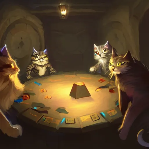 Prompt: a group of cats playing dungeons and dragons around a table in a dark cellar. soft ligthing. concept art, high details. artstation hq