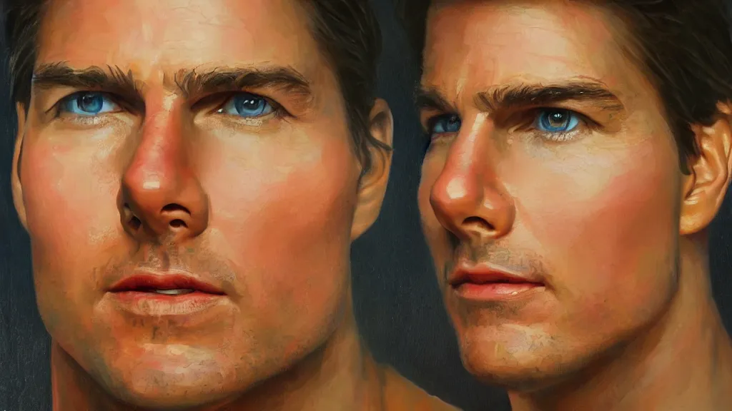 Image similar to The most beautiful studio portrait of Tom Cruise in the world; trending on artstation; oil on canvas; correct face; extraordinary masterpiece!!!!!!; 8k