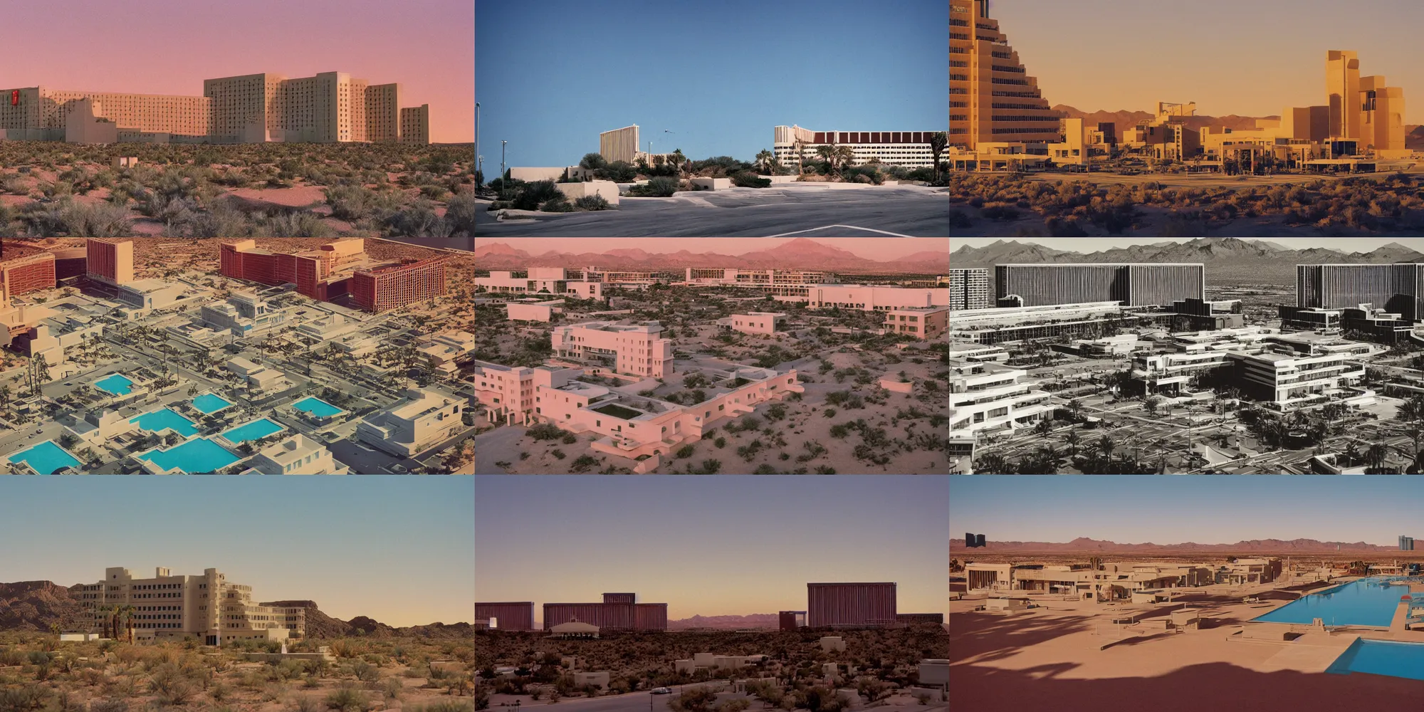 Prompt: Cinestill 800t, 8K, 35mm; beautiful ultra realistic minimalistic lloyd wright (1950) film still scene, 2000s frontiers in seinen manga architecture magazine September wes anderson edition, highly detailed, extreme closeup three-quarter scene, tilt shift desert background, three point perspective, focus on las vegas hotel;sunset;wide;foliage, soft lighting