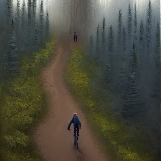 Image similar to man biking up a steep forest hill with a deep dark blue sweater. sweaty. Oil painting. Emotional. Trending on artstation. Steep. Nordic Trees. Rustic. Artistic.