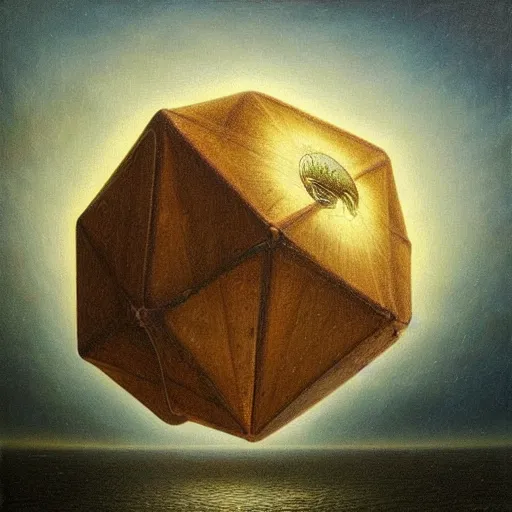 Prompt: a highly detailed oil painting of an icosahedron floating above a lake, Agostino Arrivabene, painted on ancient wood