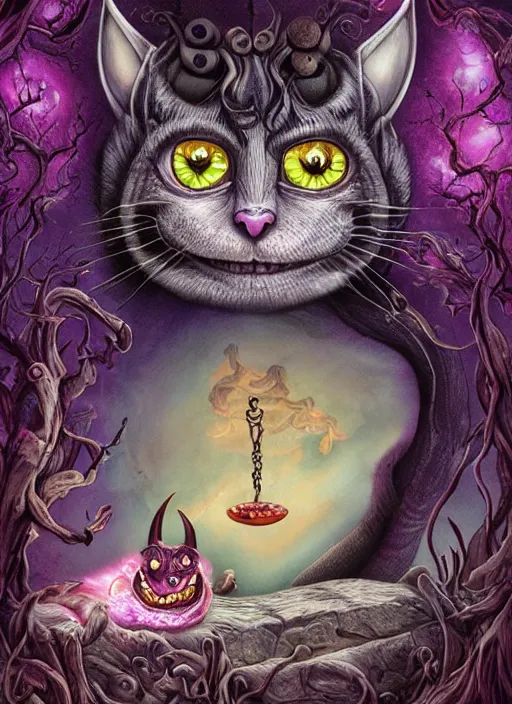 Image similar to cheshire cat the devil tarot card, highly detailed, cinematic, 8 k, bymegan duncanson, benjamin lacombe, naoto hattori, adrian borda, giger, trending on deviantart, hyper detailed, horror, full of colour