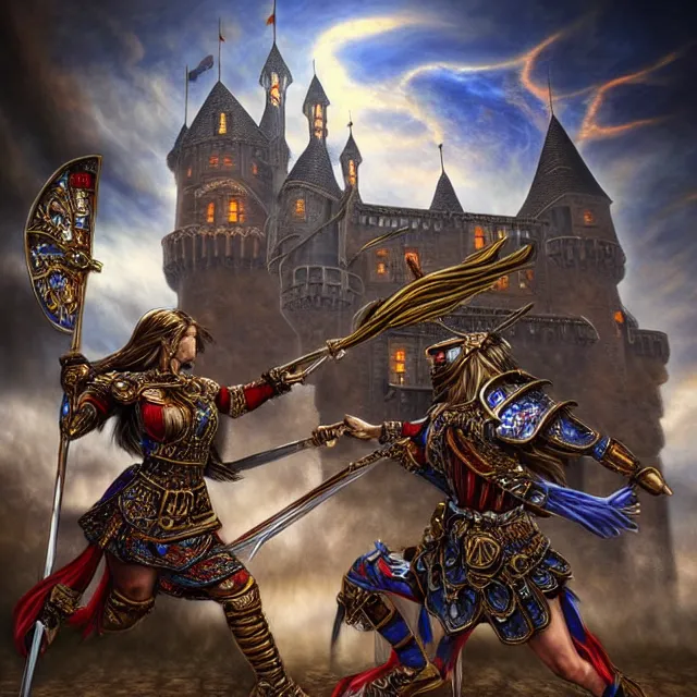 Image similar to beautiful!! warrior fight castle anne stokes highly detailed 8 k hdr smooth sharp focus high resolution award - winning photo photorealistic chrome reflect