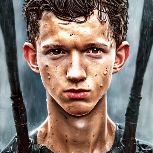 Prompt: a full head photoshot, detailed photograph of skinny young tom holland as a warrior in a rain shower, photorealism ultradetailed digital art, irina french, heraldo ortega, mandy jurgens, golden ratio, art canvas, award winning, masterpiece trending on artstation 8 k 1 5 0 mpx, hasselblade wide shot