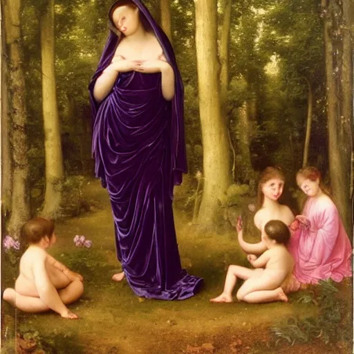 Prompt: Rapphaelaen Madonna in purple velvet holding a child, Bougereau nymphs around, forest with dark trees, 1k